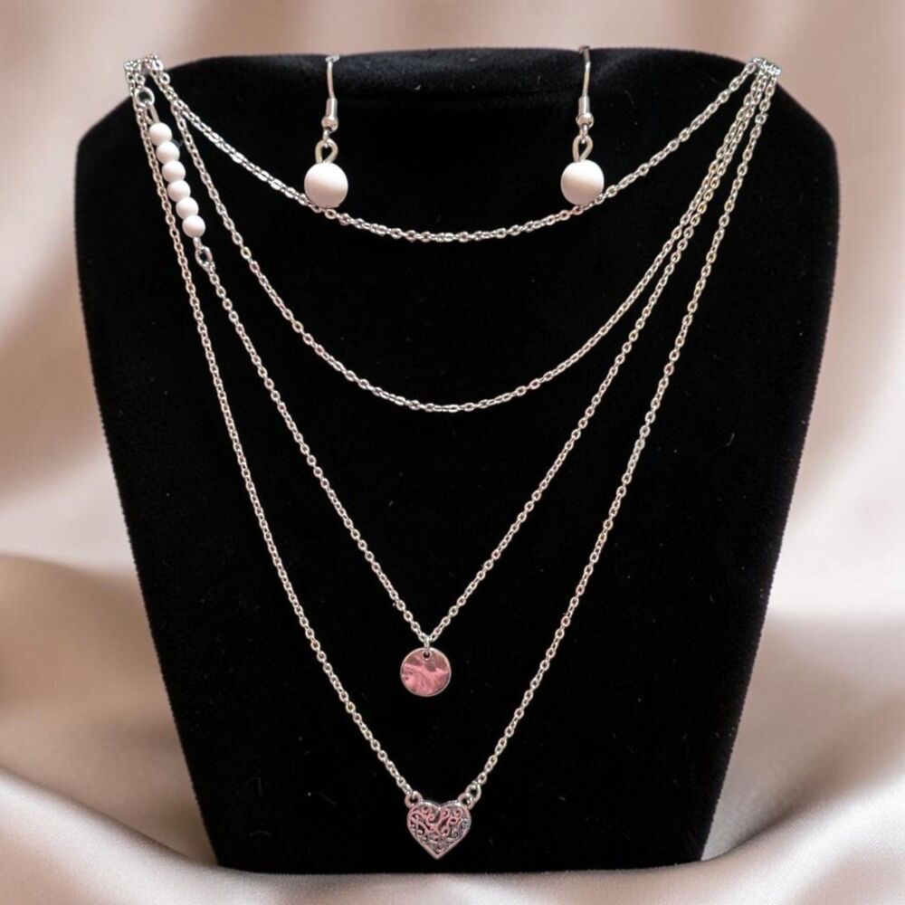 Silver Tone Layered Heart Pendant Necklace White Bead Earrings Jewelry Set